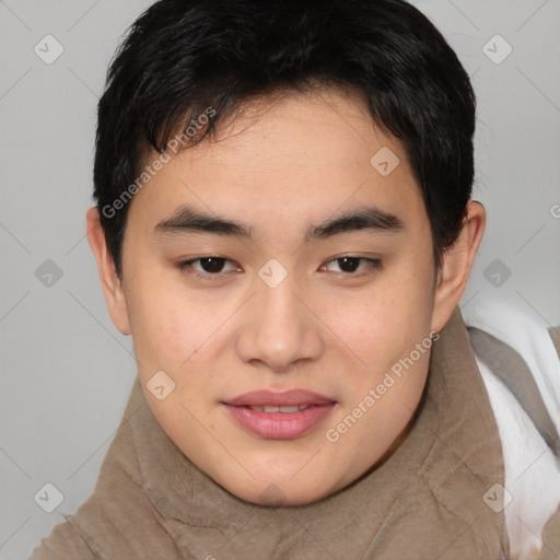 Joyful white young-adult male with medium  brown hair and brown eyes