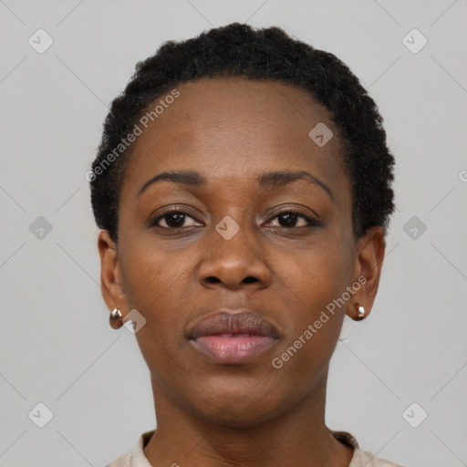 Neutral black young-adult female with short  black hair and brown eyes