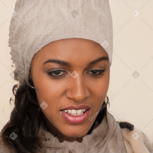 Joyful white young-adult female with short  black hair and brown eyes