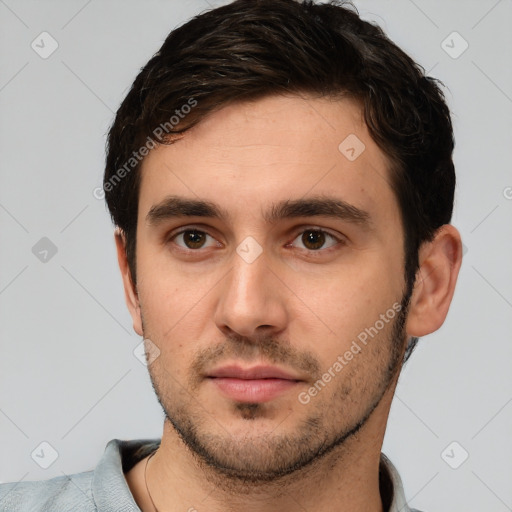 Neutral white young-adult male with short  brown hair and brown eyes