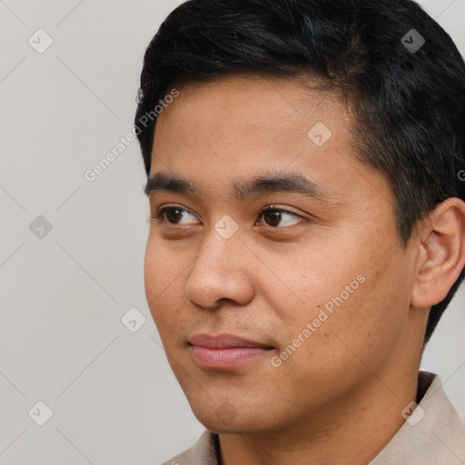 Neutral asian young-adult male with short  black hair and brown eyes