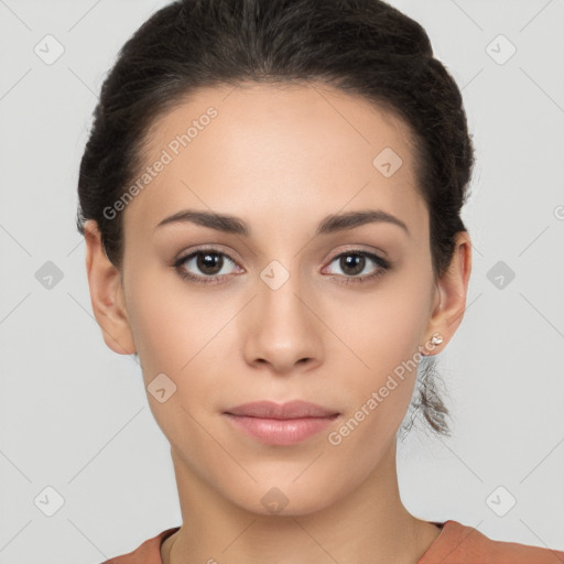 Neutral white young-adult female with short  brown hair and brown eyes