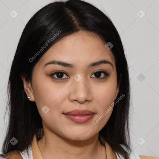 Joyful white young-adult female with medium  brown hair and brown eyes