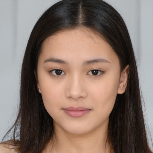 Neutral asian young-adult female with long  brown hair and brown eyes
