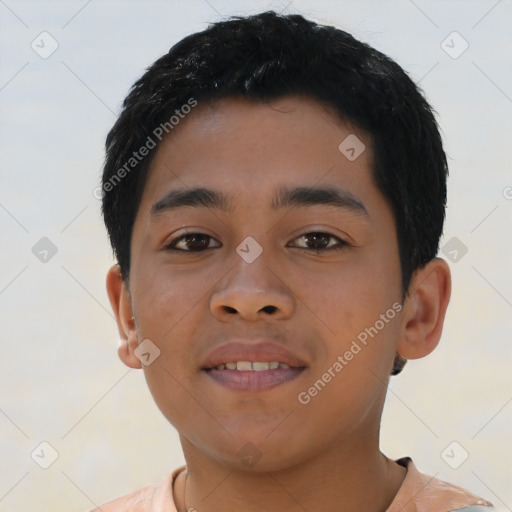 Joyful latino young-adult male with short  brown hair and brown eyes