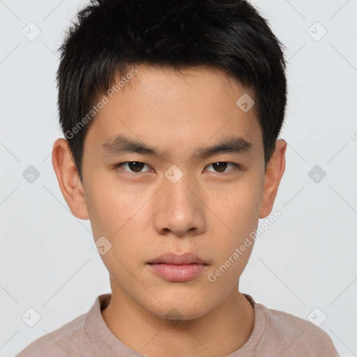 Neutral asian young-adult male with short  brown hair and brown eyes