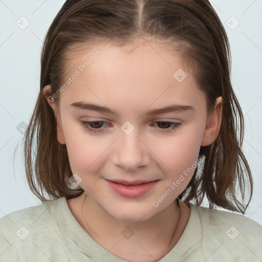 Joyful white child female with medium  brown hair and brown eyes