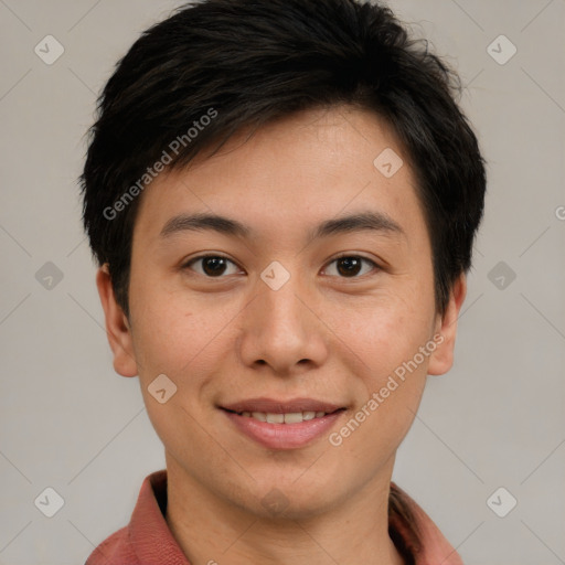 Joyful asian young-adult female with short  brown hair and brown eyes