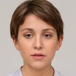 Neutral white young-adult female with short  brown hair and brown eyes