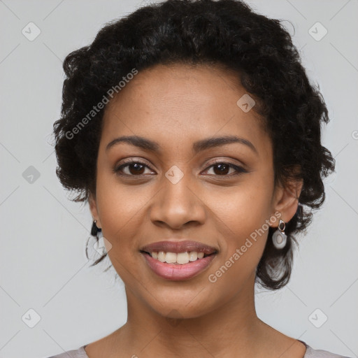 Joyful latino young-adult female with medium  black hair and brown eyes