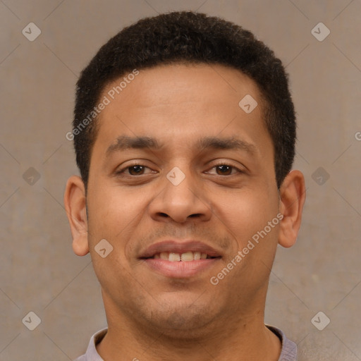 Joyful latino young-adult male with short  brown hair and brown eyes