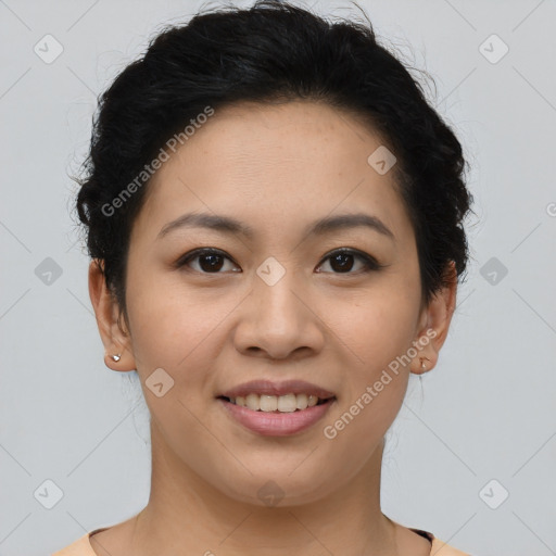 Joyful asian young-adult female with short  brown hair and brown eyes