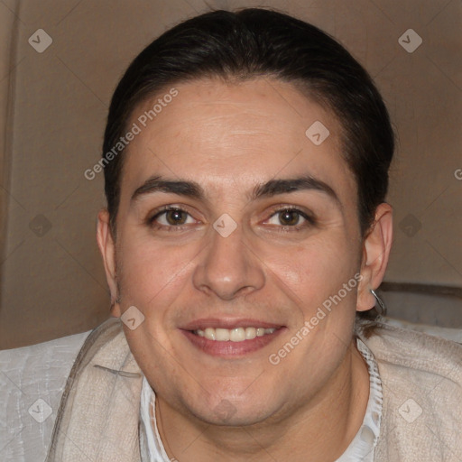 Joyful white adult male with short  brown hair and brown eyes