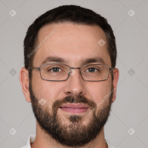 Joyful white adult male with short  brown hair and brown eyes