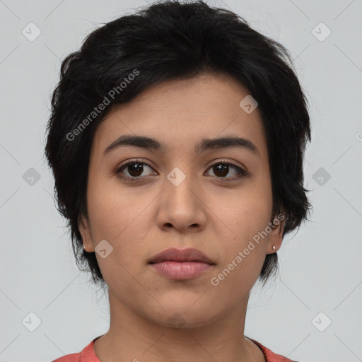 Neutral asian young-adult female with medium  black hair and brown eyes