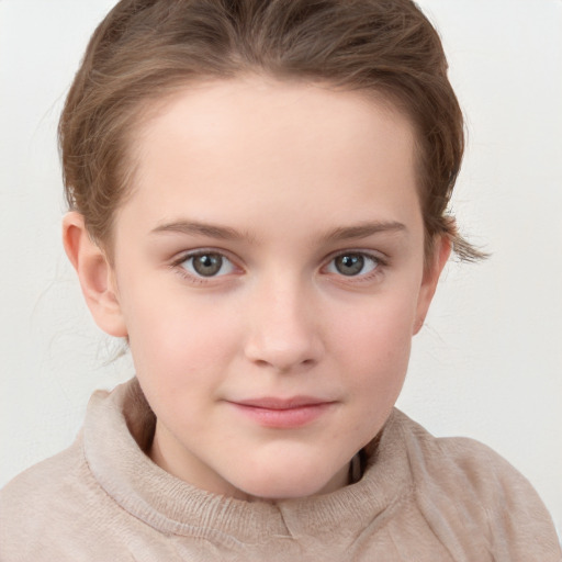 Joyful white child female with medium  brown hair and grey eyes