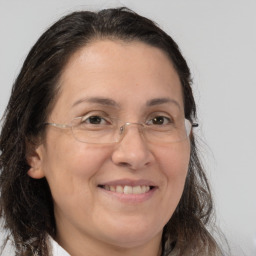 Joyful white adult female with long  brown hair and brown eyes