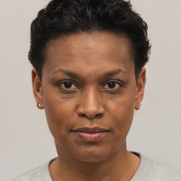 Joyful black adult female with short  black hair and brown eyes