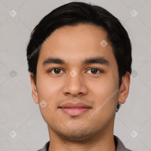 Neutral latino young-adult male with short  black hair and brown eyes