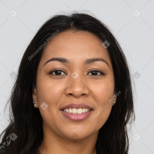 Joyful latino young-adult female with long  brown hair and brown eyes