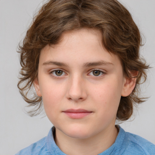 Neutral white child female with medium  brown hair and grey eyes