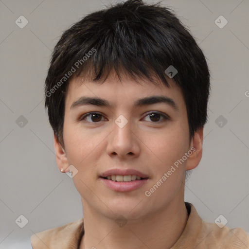 Joyful white young-adult female with short  brown hair and brown eyes