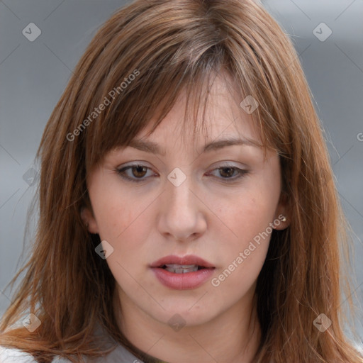 Neutral white young-adult female with medium  brown hair and brown eyes