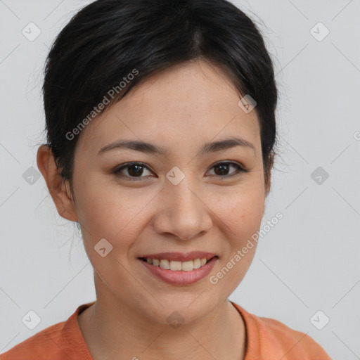 Joyful asian young-adult female with short  brown hair and brown eyes