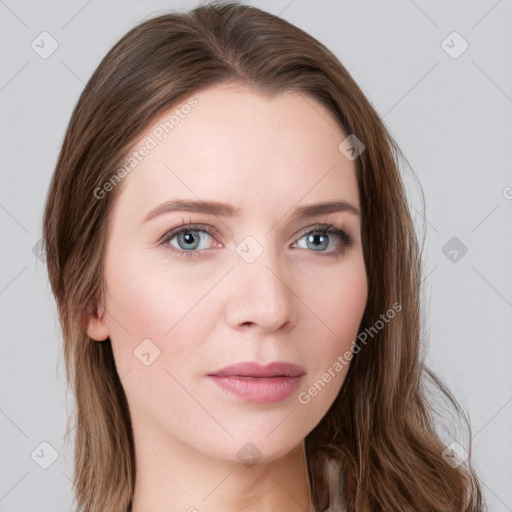 Neutral white young-adult female with long  brown hair and blue eyes