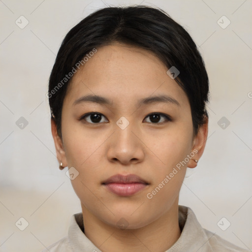 Neutral asian young-adult female with short  black hair and brown eyes