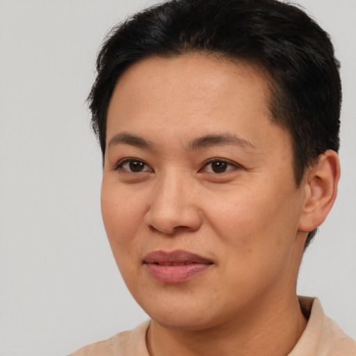 Joyful asian young-adult female with short  brown hair and brown eyes