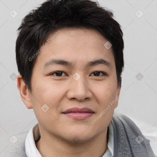 Joyful asian young-adult male with short  brown hair and brown eyes