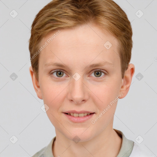 Joyful white young-adult female with short  brown hair and grey eyes