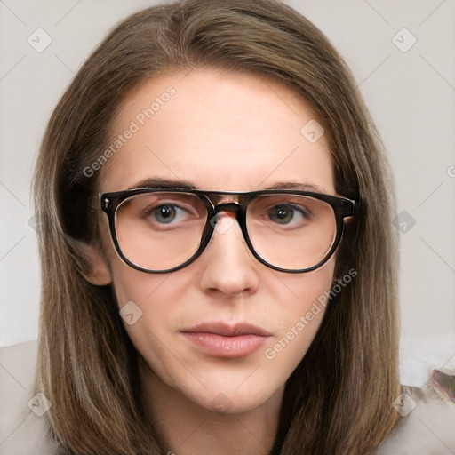 Neutral white young-adult female with long  brown hair and brown eyes