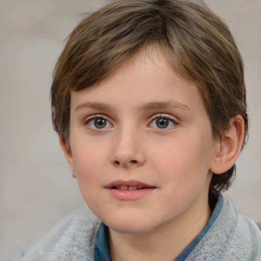 Neutral white child female with medium  brown hair and grey eyes