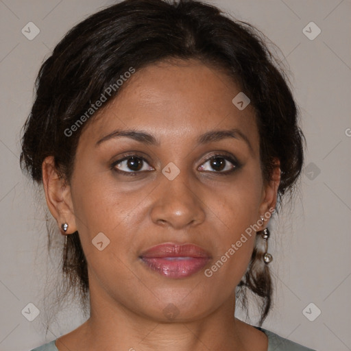 Joyful black young-adult female with medium  brown hair and brown eyes