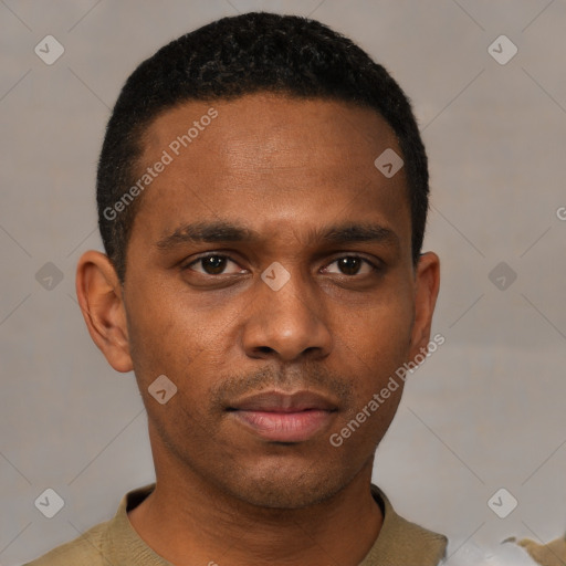 Neutral latino young-adult male with short  black hair and brown eyes