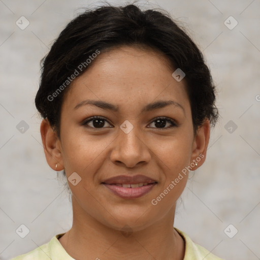 Joyful latino young-adult female with short  brown hair and brown eyes