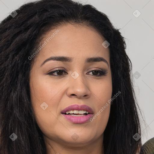 Joyful latino young-adult female with long  brown hair and brown eyes