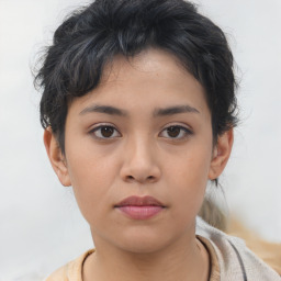 Neutral asian young-adult female with short  brown hair and brown eyes