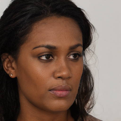 Neutral asian young-adult female with long  brown hair and brown eyes