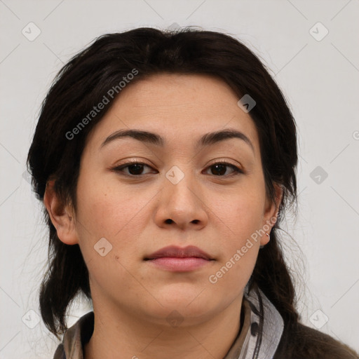 Neutral asian young-adult female with medium  brown hair and brown eyes