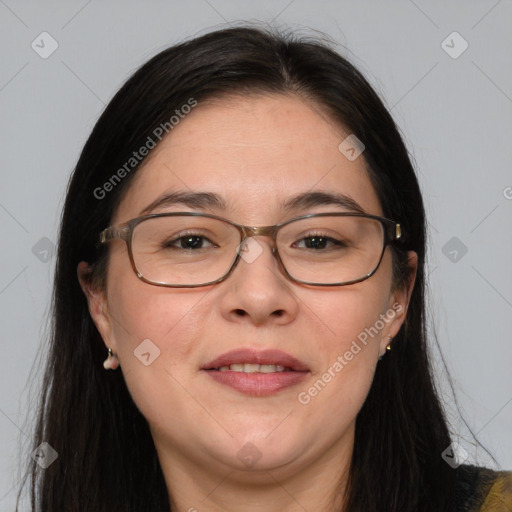 Joyful white adult female with long  brown hair and brown eyes