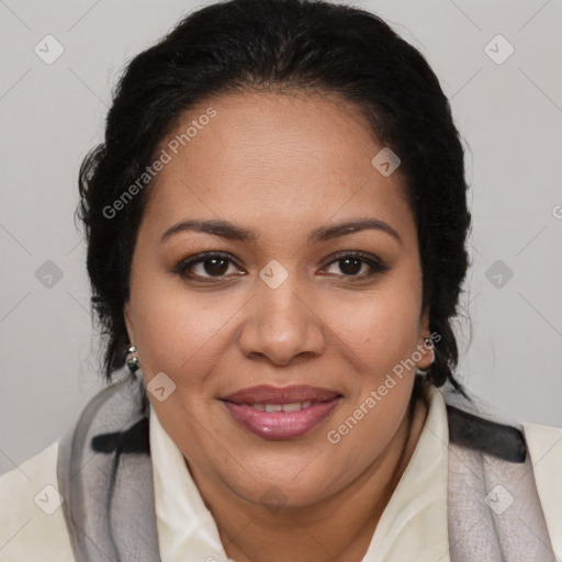 Joyful latino adult female with medium  brown hair and brown eyes