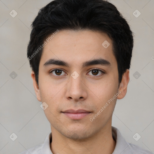 Neutral asian young-adult male with short  black hair and brown eyes