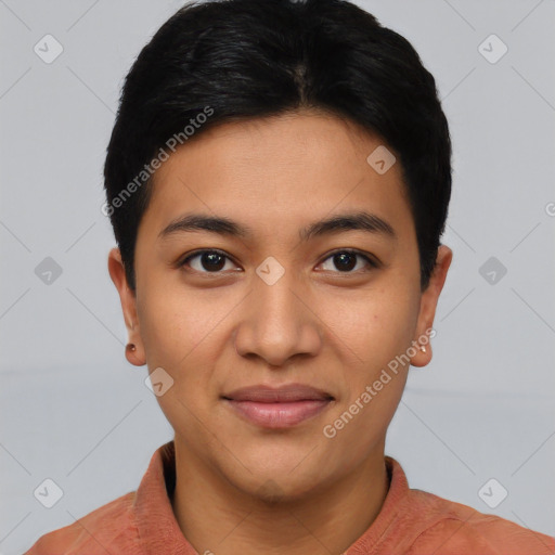 Joyful asian young-adult female with short  black hair and brown eyes