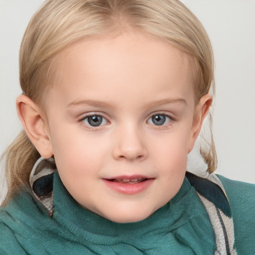 Joyful white child female with medium  brown hair and blue eyes