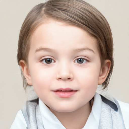 Joyful white child female with medium  brown hair and blue eyes