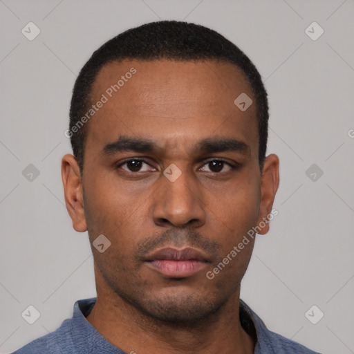 Neutral latino young-adult male with short  black hair and brown eyes