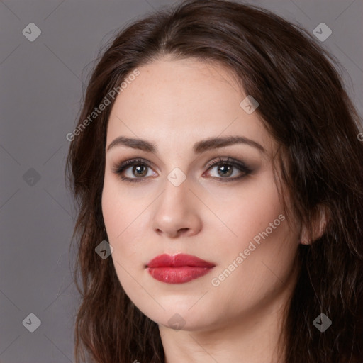 Neutral white young-adult female with long  brown hair and brown eyes